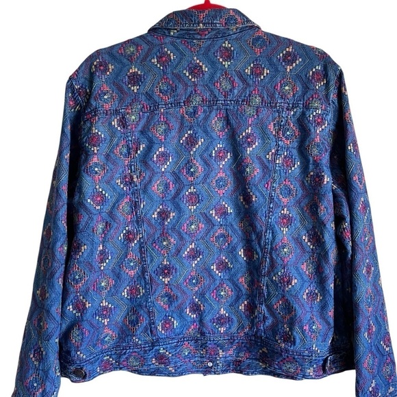 COLDWATER CREEK Boho Aztec Tribal Multicolor Embroidered Cotton Denim Jacket XL - Picture 5 of 16
